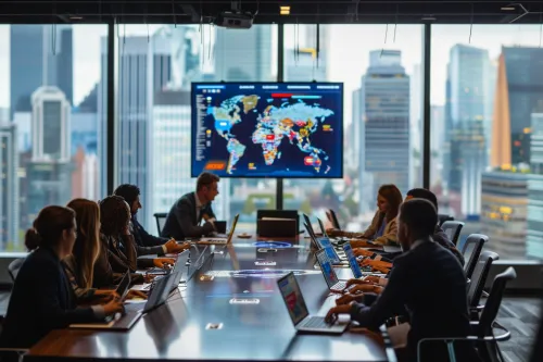 Poignée de main entre représentants gouvernementaux lors d'un sommet sur la réglementation de la cybersécurité mondiale